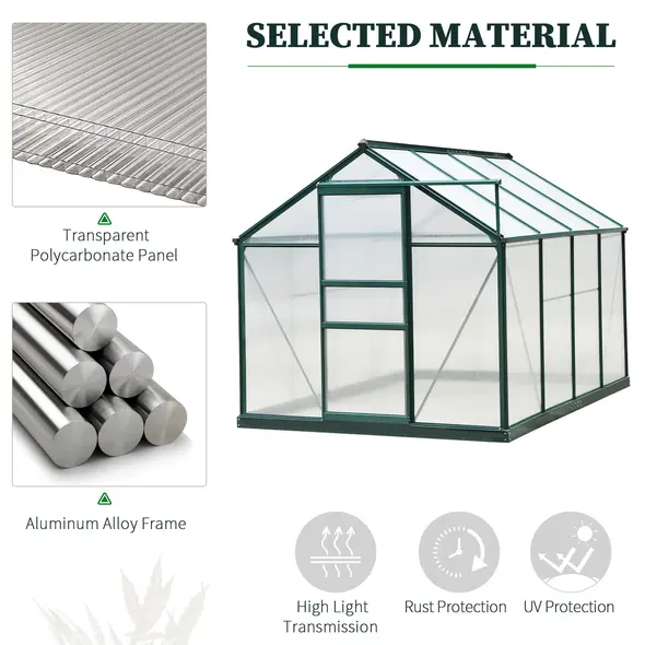 Outsunny 6 x 8ft Polycarbonate Greenhouse, Large Walk-In Green House with Slide Door and Window, Garden Plants Grow House with Aluminium Frame and Foundation, Dark Green - 4