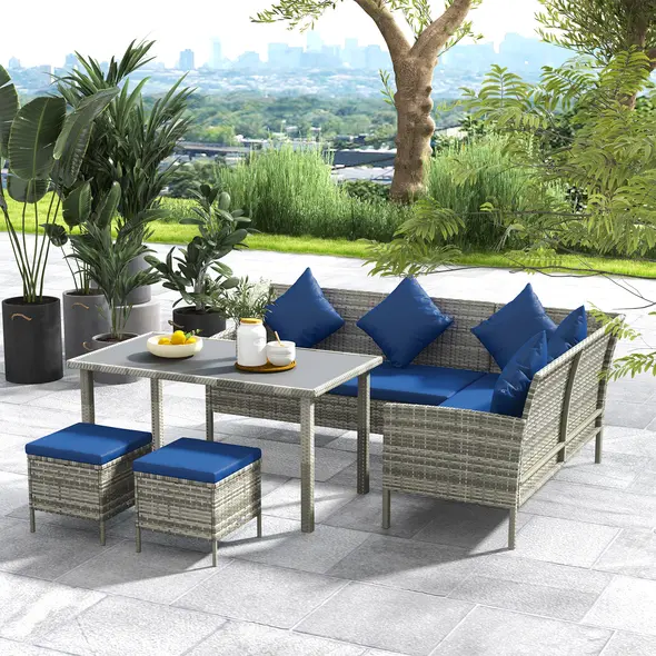 Outsunny 5 Pieces Rattan Garden Furniture Set with Dining Table, Cushions - Dark Blue - 2
