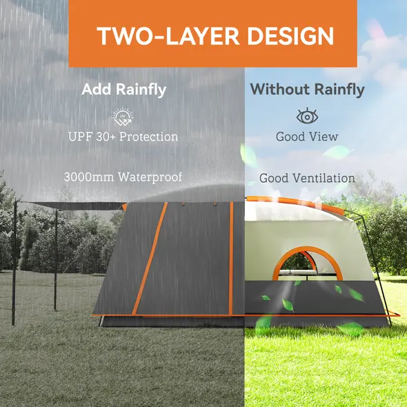Outsunny 4-6 Man Camping Tent, Double Layer Tunnel Tent with Porch, Living Area and 2 Bedrooms, Sewn in Groundsheet, 3000mm Waterproof and UPF 30+, Portable with Bag, Grey - 4