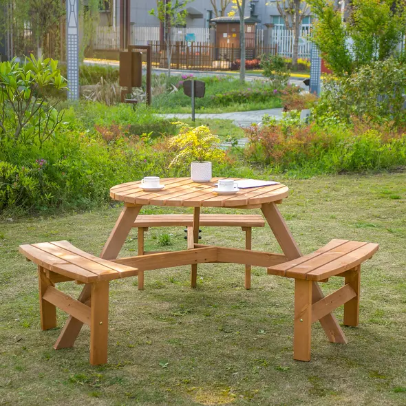 Outsunny 6 Seater Wooden Picnic Table and Garden Benches Set, Round Garden Dining Set with 3 Benches and Umbrella Hole Outdoor Garden Park, Brownish Red - 2