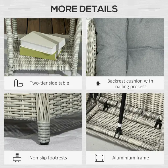 Outsunny 5 Pieces Rattan Bistro Set with Adjustable Back, Reclining Wicker Balcony Furniture with Cushions, Glass Top Coffee Table and Footstools, Outdoor Table and Chairs, Grey - 7