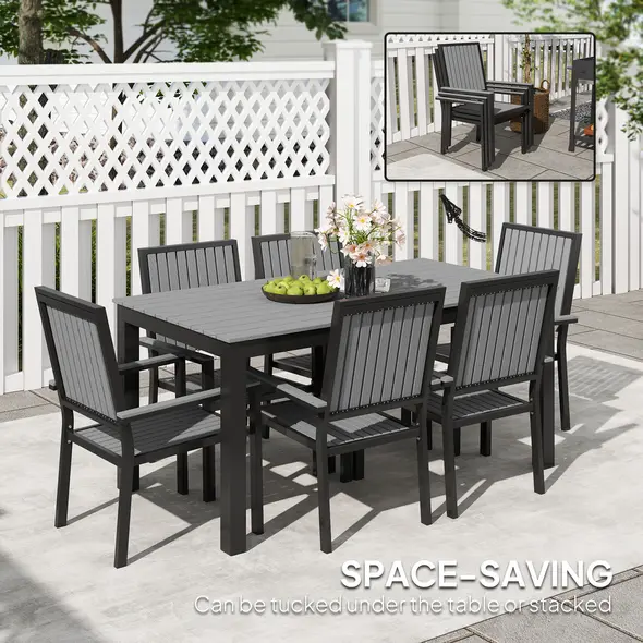 Outsunny 6 Seater Garden Dining Set with Stackable Chairs, Aluminium Frame, Rectangular Plastic Top, Garden Furniture Set, Outdoor Dining Table and Chairs for Patio, Balcony, Poolside, Grey - 5