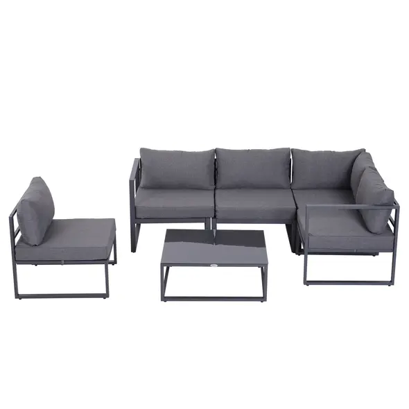 Outsunny 6 PCs Outdoor Indoor Sectional Corner Sofa Set Thick Padded Cushions Aluminium Frame 5 Seaters 1 Coffee Table Grey - 9
