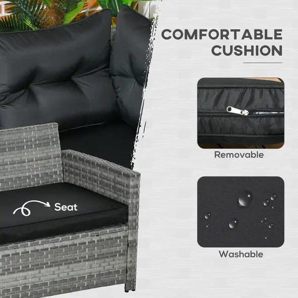 Outsunny 5-Piece Rattan Patio Furniture Set with Corner Sofa, Footstools, Glass Coffee Table, Cushions, Mixed Grey - 5