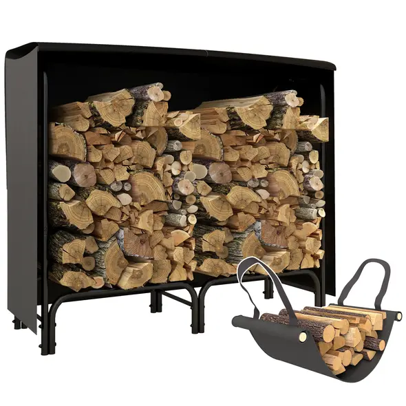 Outsunny 4FT Firewood Rack with Canvas Carrier Bag and 600D Oxford Waterproof Cover, Metal Log Store Indoors, Log Storage Rack Holder for Outdoor Indoor Fireplace, Black - 1