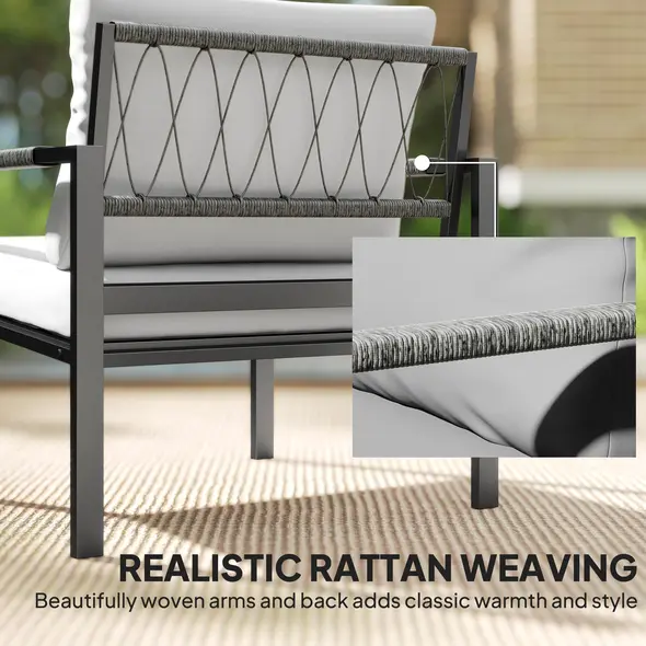 Outsunny 5 Piece Metal Garden Furniture Sofa Set with Thickened Cushions, Loveseat, 2 Armchairs, 2 Coffee Tables, Light Grey - 8