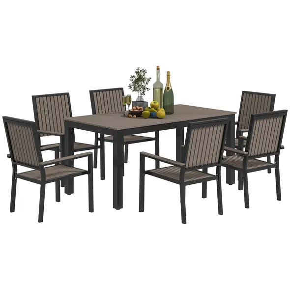 Outsunny 6 Seater Garden Dining Set with Stackable Chairs, Aluminium Frame, Rectangular Plastic Top, Garden Furniture Set, Outdoor Dining Table and Chairs for Patio, Balcony, Poolside, Brown - 1