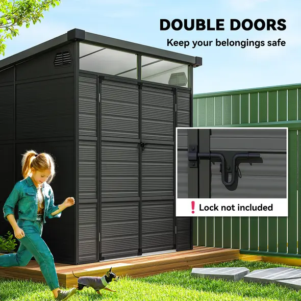 Outsunny 6 x 6ft Outdoor Storage Shed, Plastic Garden Shed with Windows and Air Vents, Outdoor Resin Tool Shed with Latch Doors for Garden, Deck, Dark Grey - 7