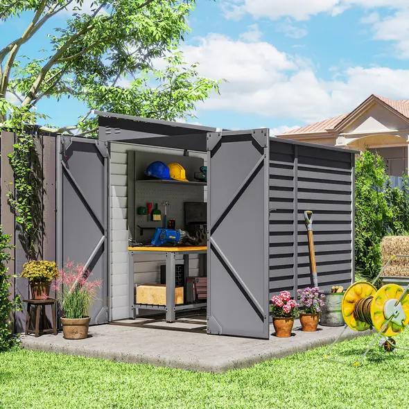 Outsunny 5 x 9ft Galvanised Metal Garden Shed with Foundation Kit, Outdoor Lean-to Shed, Tool Storage House with Lockable Doors, Gloves and 2 Air Vents for Patio, Garden, Grey - 2