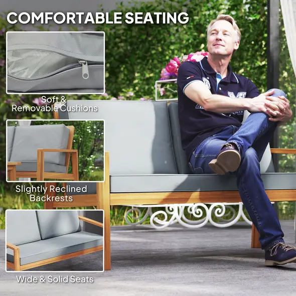 Outsunny 4-Piece Wooden Garden Furniture Set with Cushions - Teak - 6