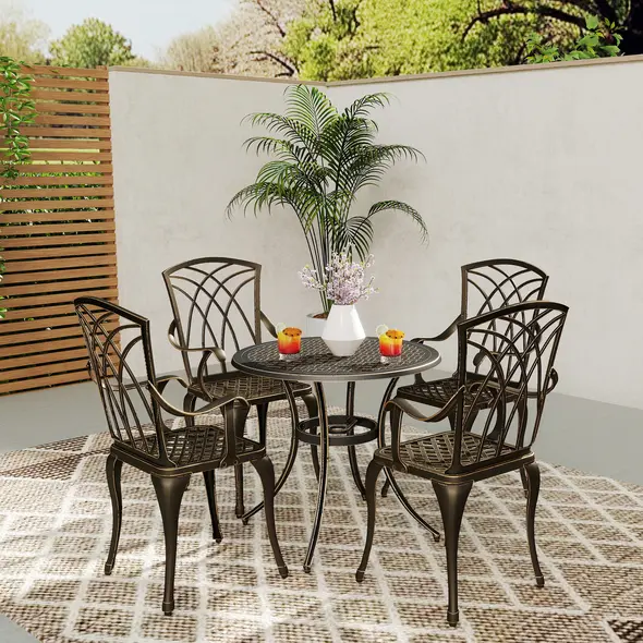 Outsunny 5 Pieces Garden Dining Set for 4, Cast Aluminium Outdoor Dining Set with 4 Armchairs and Round Dining Table with Parasol Hole, Garden Furniture Set, Bronze Tone - 8