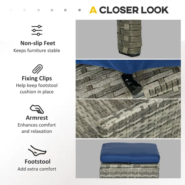 Outsunny 5 Pieces Rattan Garden Furniture Set with Dining Table, Cushions - Dark Blue - 7