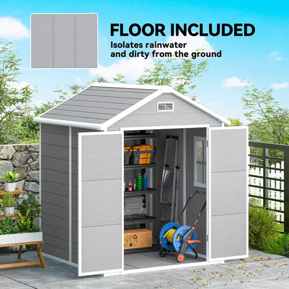Outsunny 6 x 5ft Garden Shed, Plastic Shed with Floor, Window, Lockable Doors and Vents, Wood Effect Resin Tool Shed for Outdoor Patio, Dark Grey - 6