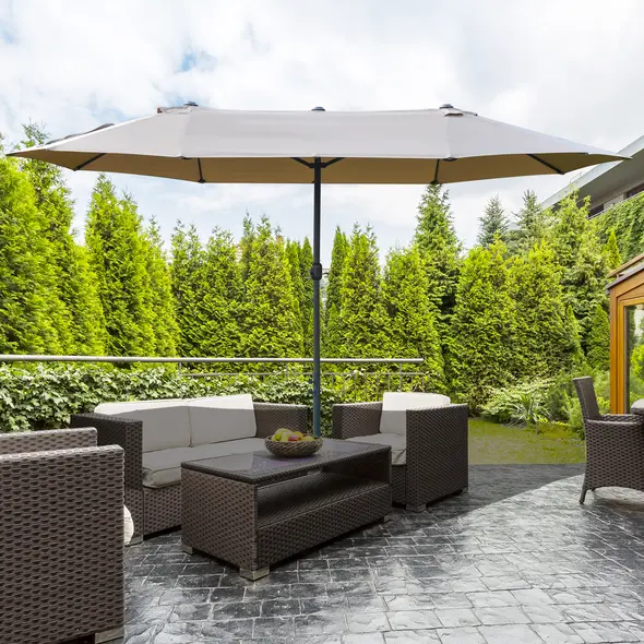 Outsunny 4.6M Sun Umbrella Canopy Double-sided Crank Sun Shade w/ Cross Base Khaki - 2