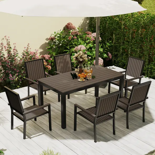 Outsunny 6 Seater Garden Dining Set with Stackable Chairs, Aluminium Frame, Rectangular Plastic Top, Garden Furniture Set, Outdoor Dining Table and Chairs for Patio, Balcony, Poolside, Brown - 9