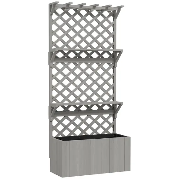 Outsunny 52L Wooden Planter, with Trellis and Shelves - Grey - 1