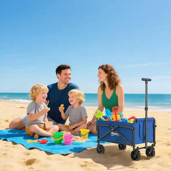 Outsunny 41L Festival Trolley on Wheels, Compact Garden Folding Trolley Cart, 60kg Heavy Duty Collapsible Foldable Wagon with Adjustable Handle and Carrying Bag for Beach, Camping, Festival, Blue - 9