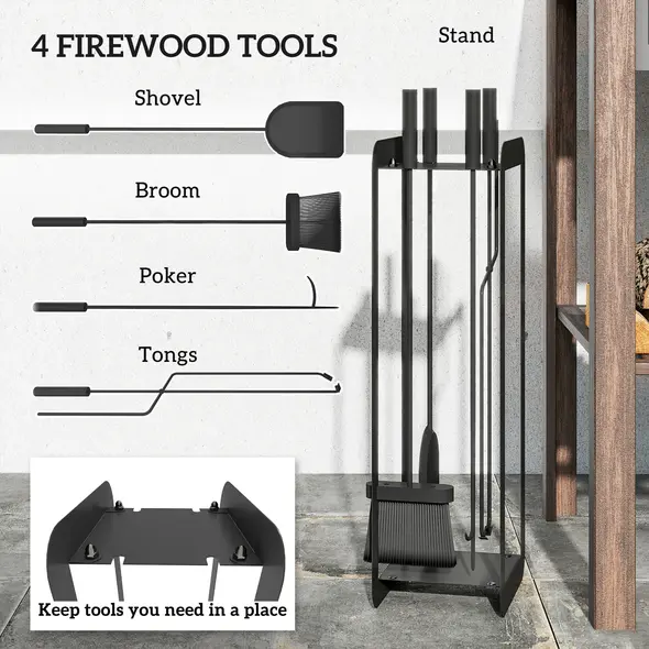 Outsunny 5 Pieces Fireplace Companion Set, Metal Fireplace Accessories Fireside Companion Set with Brush, Shovel, Poker, A Pair of Tongs, Stand, Black - 4