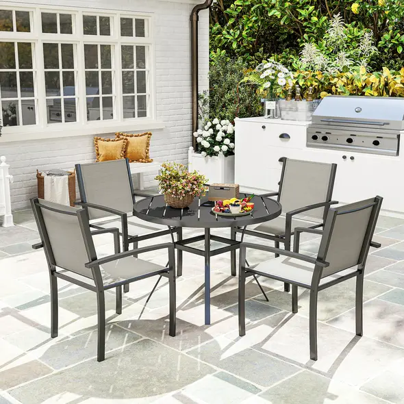 Outsunny 5 Piece Garden Furniture Set, Garden Dining Set with Round Table and 4 Stackable Chairs, Steel Frame, for Outdoor, Patio, Terraces, Dark Grey - 2