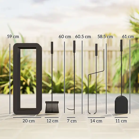 Outsunny 5 Pieces Fireplace Companion Set, Metal Fireplace Accessories Fireside Companion Set with Brush, Shovel, Poker, A Pair of Tongs, Stand, Black - 3