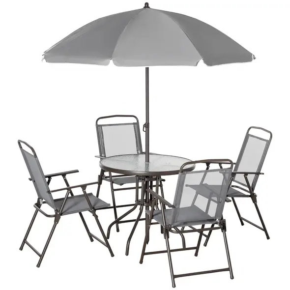 Outsunny 6 Piece Garden Dining Set with Umbrella, Outdoor Dining Sets with Parasol, 4 Folding Dining Chairs & Round Tempered Glass Table, Grey - 1