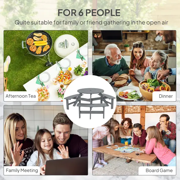 Outsunny 6 Seater Wooden Picnic Table and Garden Benches Set, Round Garden Dining Set with 3 Benches and Umbrella Hole Outdoor Garden Park, Grey - 7