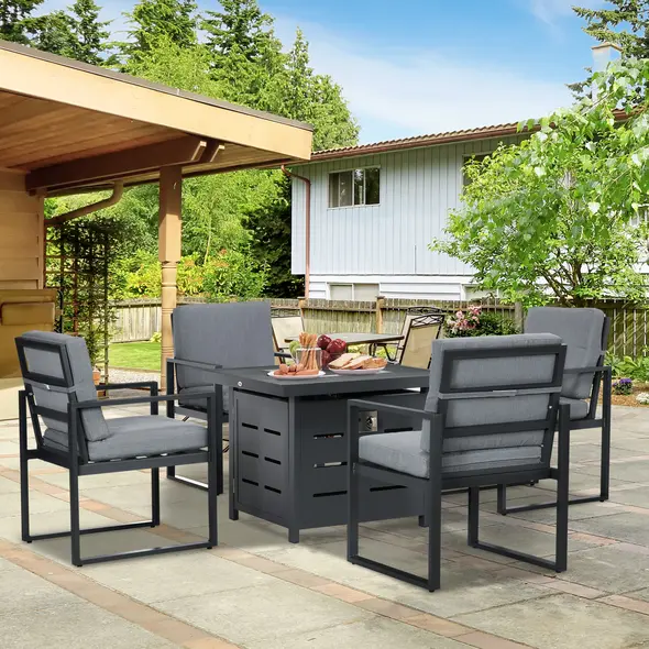 Outsunny 5-Piece Aluminium Garden Furniture Sets, 4 Seater Outdoor Conversational Dining Set with Gas Fire Pit Table Cushions for Yard, Poolside, Patio, Grey - 2