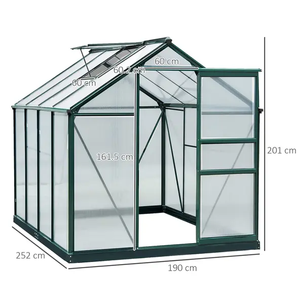 Outsunny 6 x 8ft Polycarbonate Greenhouse, Large Walk-In Green House with Slide Door and Window, Garden Plants Grow House with Aluminium Frame and Foundation, Dark Green - 3