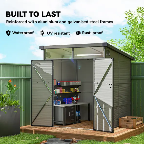 Outsunny 6 x 6ft Outdoor Storage Shed, Plastic Garden Shed with Windows and Air Vents, Outdoor Resin Tool Shed with Latch Doors for Garden, Deck, Light Grey - 5