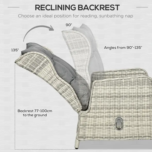 Outsunny 5 Pieces Rattan Bistro Set with Adjustable Back, Reclining Wicker Balcony Furniture with Cushions, Glass Top Coffee Table and Footstools, Outdoor Table and Chairs, Grey - 6