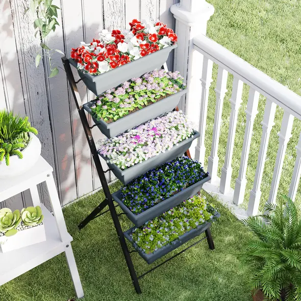 Outsunny 5-Tier Raised Garden Bed, Vertical Ladder Plant Stand with 5 Removable Boxes, Drainage Holes and Plugs, Indoor Outdoor Elevated Flower Herb Growing Box for Garden Patio Balcony, Grey - 7