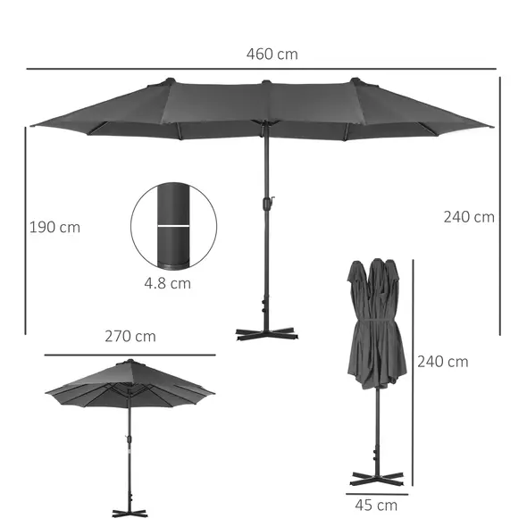 Outsunny 4.6M Sun Umbrella Canopy Double-sided Crank Sun Shade w/ Cross Base Grey - 3
