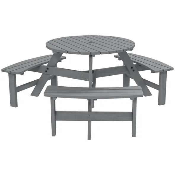 Outsunny 6 Seater Wooden Picnic Table and Garden Benches Set, Round Garden Dining Set with 3 Benches and Umbrella Hole Outdoor Garden Park, Grey - 1