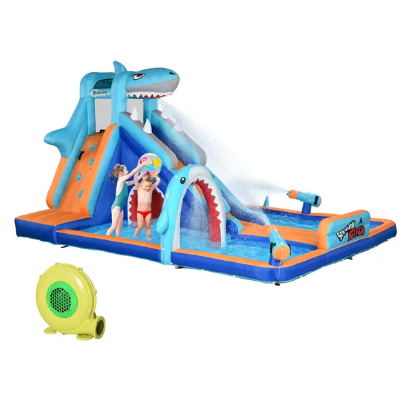 Outsunny 6 in 1 Shark-Themed Bouncy Castle, Inflatable Water Park, with Slide, Pool, Trampoline, Blower, for Ages 3-8 Years - 1