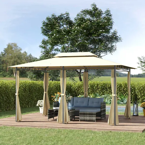 Outsunny 4m x 3(m)Garden Gazebo, Double Roof Outdoor Gazebo Canopy Shelter with Curtains, Solid Steel Frame for Lawn and Deck, Beige - 2