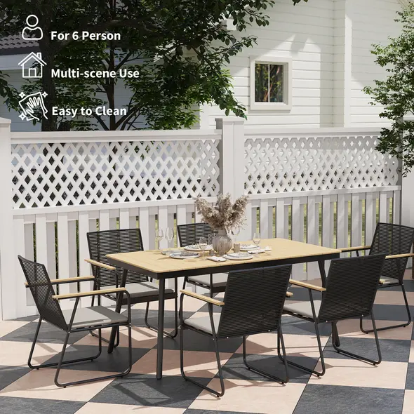Outsunny 6 Seater Garden Dining Set with Soft Cushions, Rattan Backrest, Rectangular Plastic Top, Garden Furniture Set, Outdoor Dining Table and Chairs for Patio, Balcony, Poolside, Nature Wood Finish - 6