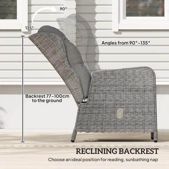 Outsunny 5 Pieces Rattan Bistro Set with Adjustable Back, Reclining Wicker Balcony Furniture with Cushions, Glass Top Coffee Table and Footstools, Outdoor Table and Chairs, Light Grey - 6