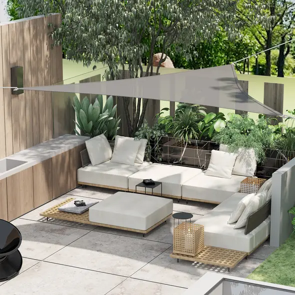 Outsunny 4x4x4m Triangle Sun Shade Sail, Outdoor UV Protection HDPE Canopy, Patio Deck Shelter with Steel Rings and Ropes, Grey - 2