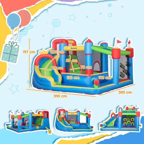 Outsunny 6 in 1 Kids Bouncy Castle, with Water Slide, Water Gun, Climbing Wall, Air Blower for Indoors/Outdoors, 3.9 x 3 x 2m - 3