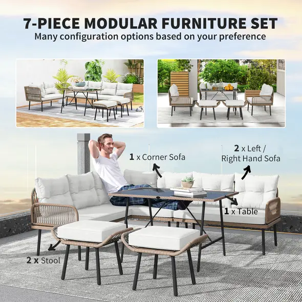 Outsunny 6 Piece Rattan Garden Furniture Set, 8 Seater Garden Corner Sofa with Cushions and Glass Top Table, Sectional Outdoor Furniture Conservatory Set for Patio, Cream White - 4