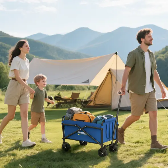 Outsunny 41L Festival Trolley on Wheels, Compact Garden Folding Trolley Cart, 60kg Heavy Duty Collapsible Foldable Wagon with Adjustable Handle and Carrying Bag for Beach, Camping, Festival, Blue - 2