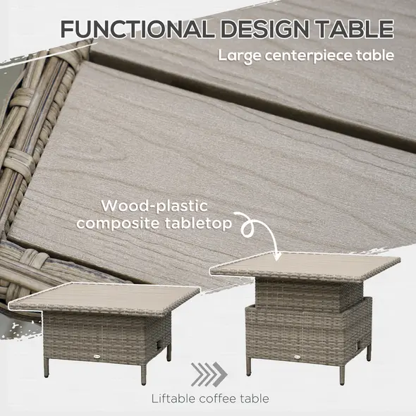 Outsunny 6 Pieces Outdoor PE Rattan Garden Furniture, Patio Wicker Sectional Conversation Corner Sofa w/ Soft Padded Cushion & Liftable Coffee Table, Light Grey - 6