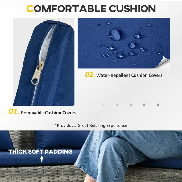 Outsunny 5 Pieces Rattan Garden Furniture Set with Dining Table, Cushions - Dark Blue - 5