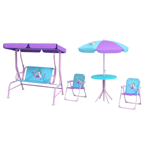 Outsunny 4PCs Kids Garden Furniture Set w/ 2 Seater Garden Swing Chair with Adjustable Canopy, Childrens Table and Chair Set with Parasol, for Toddler Girls 3-6 Years Old - 9