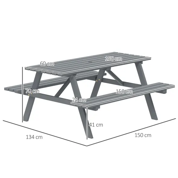 Outsunny 6 Seater Wooden Picnic Table Bench for Outdoor Garden or Patio with Parasol Cutout 150 cm Grey - 3