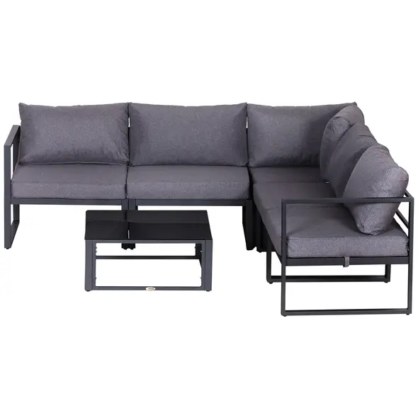 Outsunny 6 PCs Outdoor Indoor Sectional Corner Sofa Set Thick Padded Cushions Aluminium Frame 5 Seaters 1 Coffee Table Grey - 8