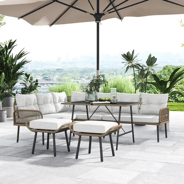 Outsunny 6 Piece Rattan Garden Furniture Set, 8 Seater Garden Corner Sofa with Cushions and Glass Top Table, Sectional Outdoor Furniture Conservatory Set for Patio, Cream White - 8