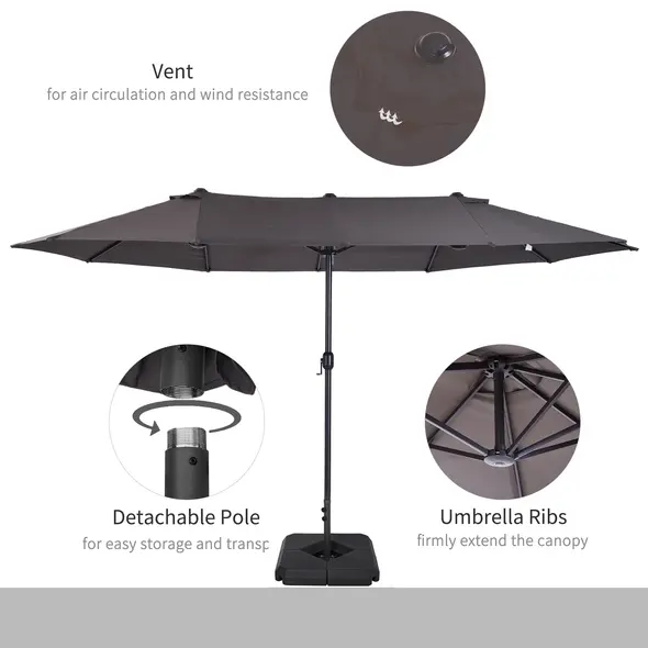 Outsunny 4.6m Garden Parasol Double-Sided Sun Umbrella Patio Market Shelter Canopy Shade with Weight Base, Grey - 6