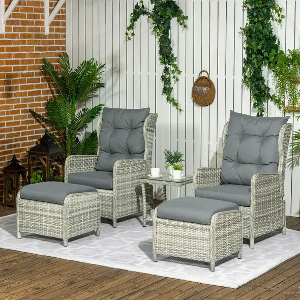 Outsunny 5 Pieces Rattan Bistro Set with Adjustable Back, Reclining Wicker Balcony Furniture with Cushions, Glass Top Coffee Table and Footstools, Outdoor Table and Chairs, Grey - 2