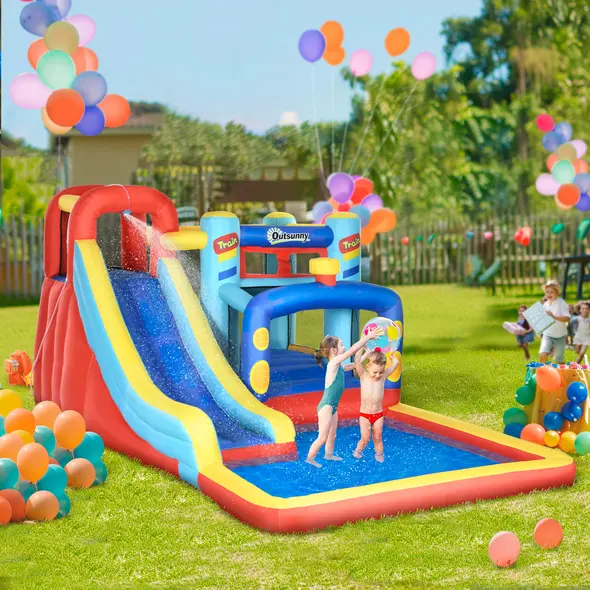 Outsunny 4-in-1 Bouncy Castle, with Slide, Trampoline, Climbing Wall, Blower, Multicoloured - 2